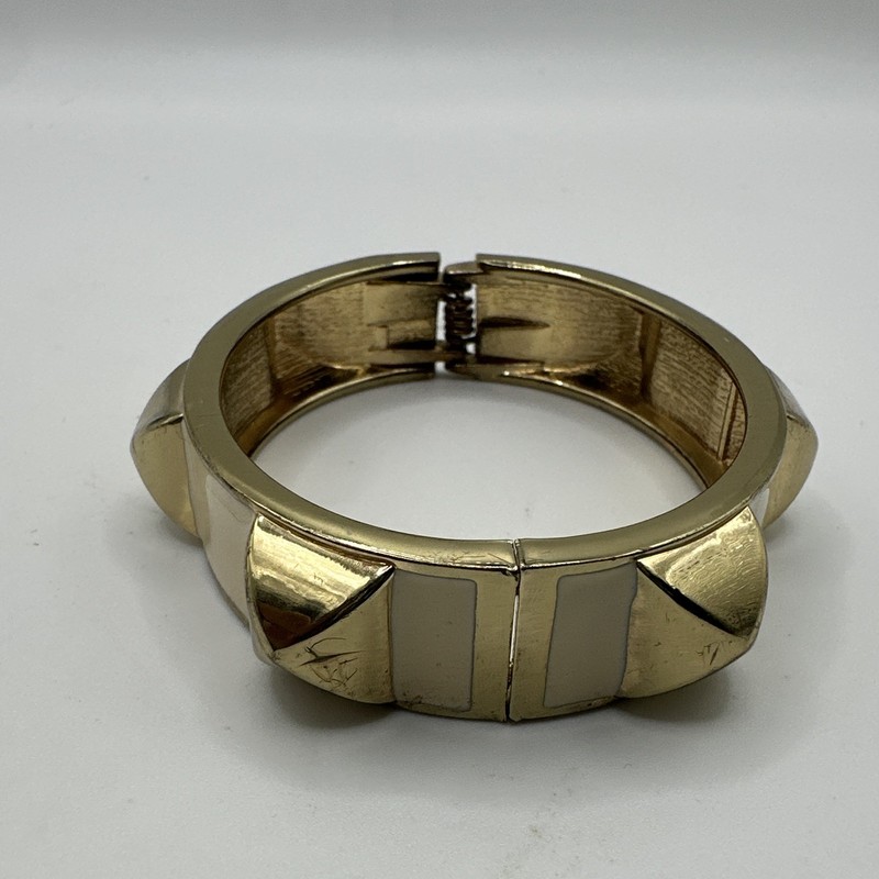 VTG Gold Tone Metal Hinged Bangle Bracelet Geometric Studded Accents, Enamel gallery