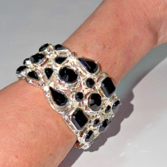 Statement Silver Cuff Bracelet w/Black Stones, Breathable Raised Prong Setting