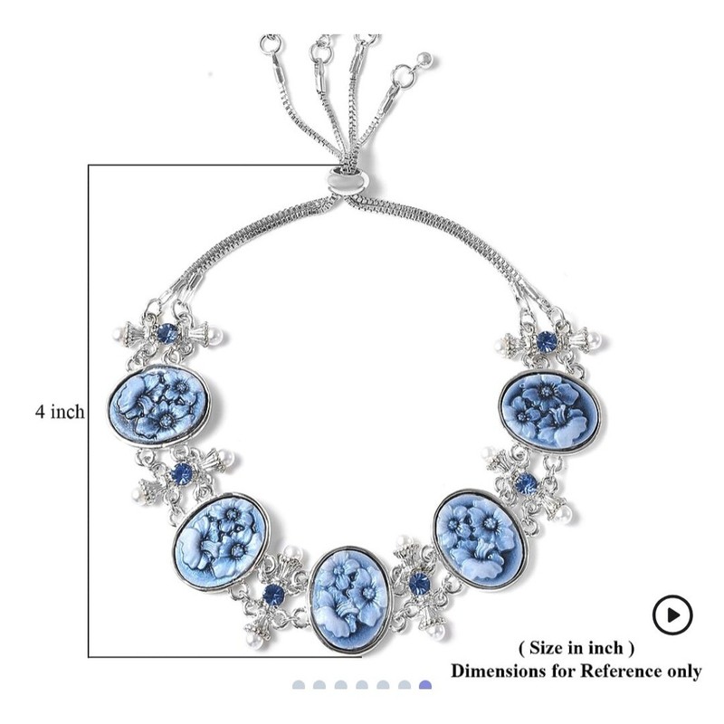 Blue Floral Cameo Bolo Bracelet Silvertone Adjustable Pearl Crystal Accents gallery