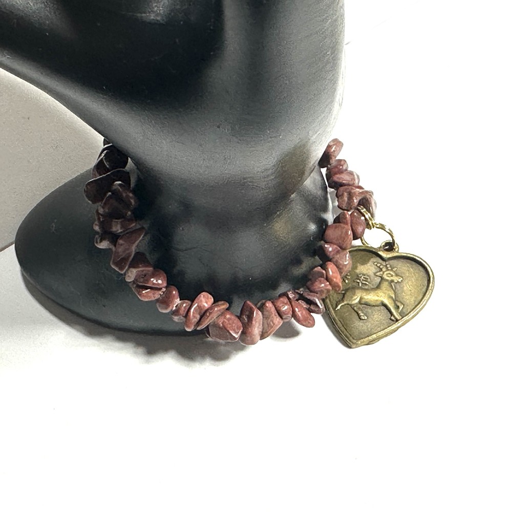 Chinese Goat Sign Charm Stretch Bracelet Natural Dark Reddish Brown Stone Chips