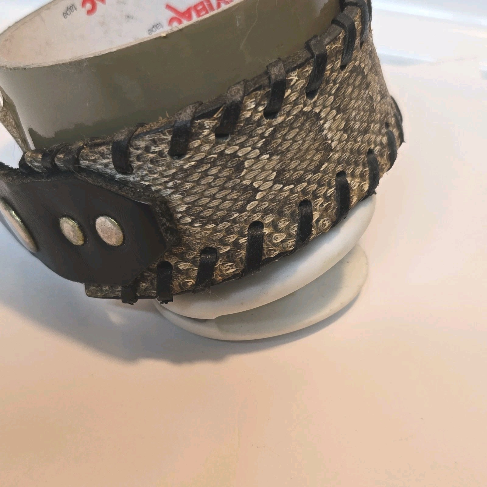REAL Leather Snakeskin Bracelet, Snap Closure, Black Brown 7 Inches X 1.4 Inches gallery