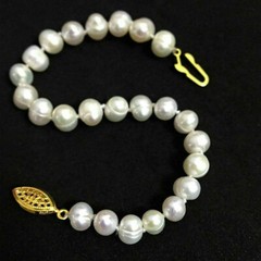 Natural 7-8/8-9/9-10mm Freshwater Cultured White Pearl Gold Clasp Bracelet 7.5”