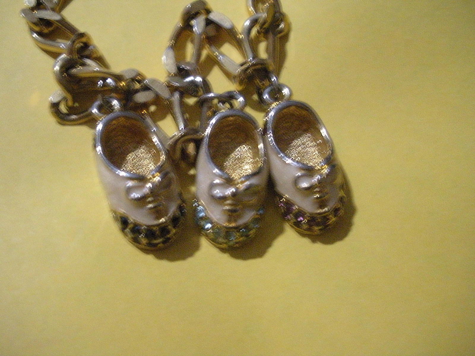 3 pc. BABY SHOE CHARM Bracelet "Boy" GOLD TONE White Enamel Birthstone Crystals gallery