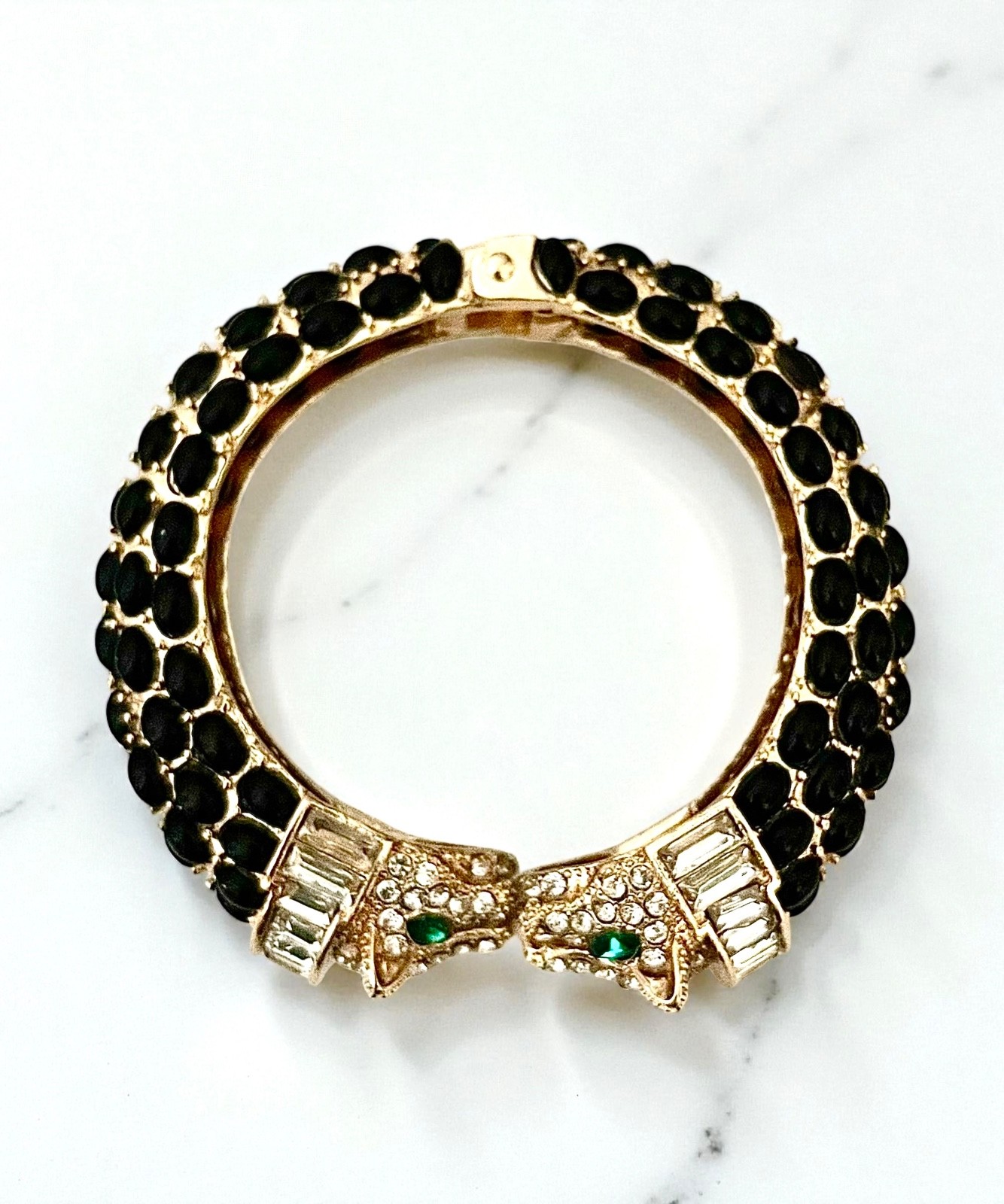 Black Beads Panther Green Eyes Big Cat Chunky Statement Hinge Bangle Bracelet gallery