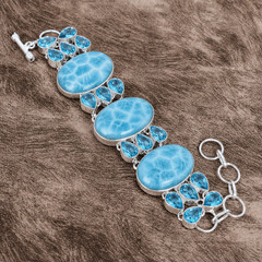 Larimar, Blue Topaz 925 Sterling Silver Statement Bracelet Women Handmade Gift