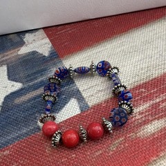 Blue Red Glass Round Beaded Stretch Bracelet w/ Silver-Tone Spacer Beads