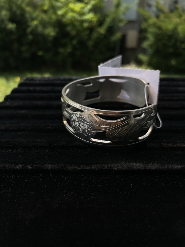 Kirk and Sons Pewter Floral Cutout Engraved Wide Cuff Bracelet Signed gallery
