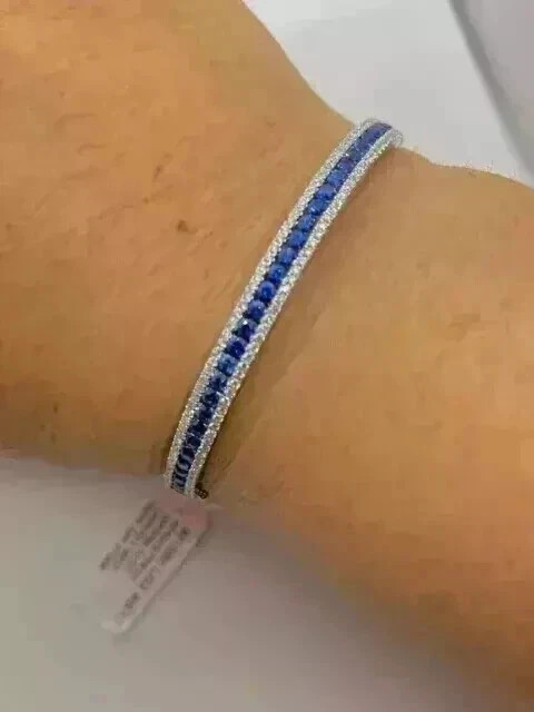 9Ct Princess Cut Simulated Blue Sapphire Bangle Bracelet 14K White Gold Plated gallery
