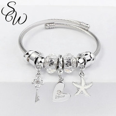 Elegant Heart Charm Bangle Bracelet Stainless Steel Cuff Adjustable Jewelry
