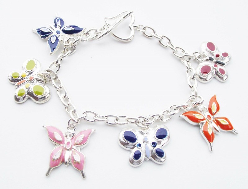 DESIGNER INSPIRED 7in BUTTERFLY CHARM ROLO LINK SILVERTONE HEART TOGGLE BRACELET gallery