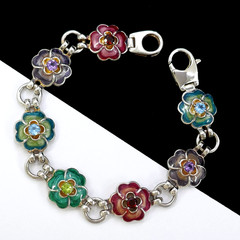 STERLING SILVER ENAMEL FLOWER RHINESTONE CRYSTAL BRACELET SIGNED “C1” 27 GRAMS