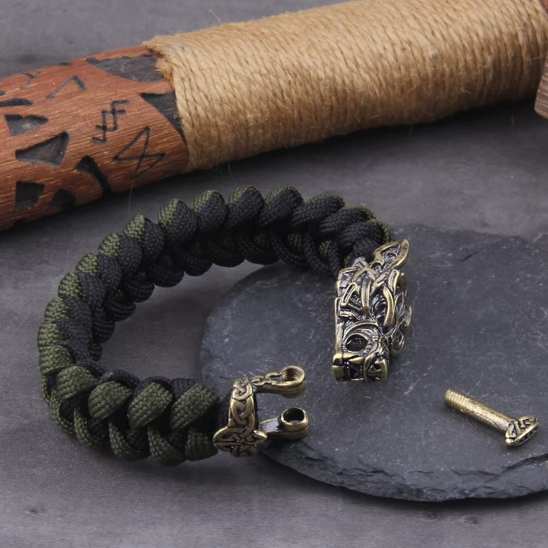 Viking Wolf Head Bracelet Men's Braided Paracord Punk Biker Cuff Jewelry gallery