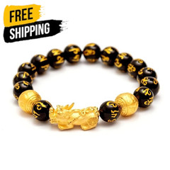 Feng Shui Black Obsidian Beads Bracelet Pixiu Charm Adjustable Beaded Bangle