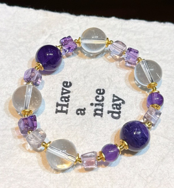 Natural Charoite Amethyst White Crystal 12mm Beaded Stretch Bracelet Gift