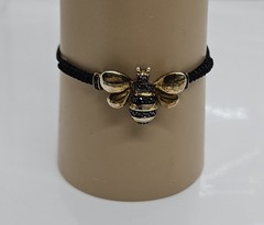 Black Gold Tone Metal Bee Bracelet Rhinestone Adjustable Slide Cord