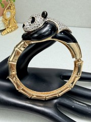 Vintage PANETTA Panda Rhinestone Enamel Hinged Bracelet Rare Bamboo Gold Plated