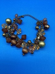 Vintage Boho Chunky Charm Bracelet Earth Tones Bronze Gold Wood Glass Beaded
