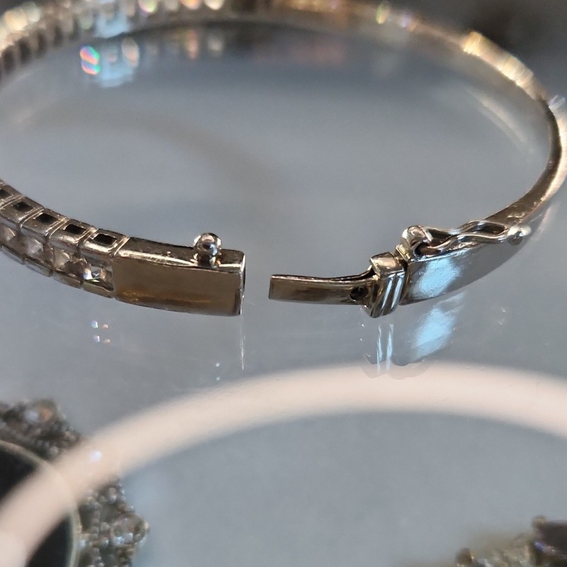 Silver 925 Tennis Bangle Bracelet Channel-Set Push Lock Closure Round gallery