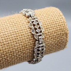 Art Deco Rhodium Plate Rhinestone Paste Open Scallop Rectangle Link Bracelet 7″