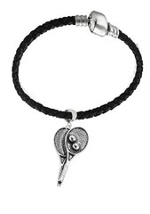 S9 Tennis Rackets Sports Fine English Pewter charm on a Faux Leather Bracelet