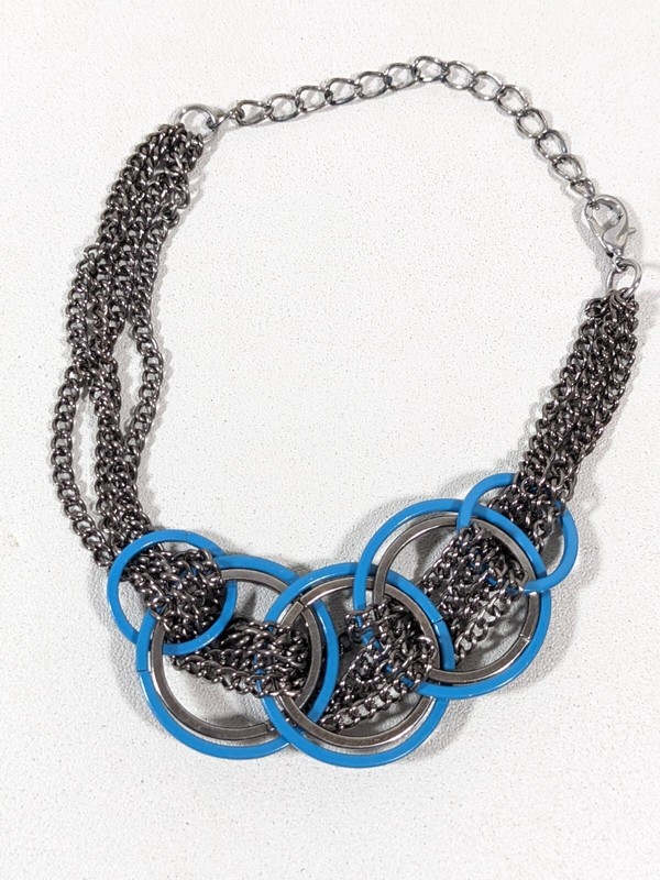Gunmetal Gray Chain Blue Circle Link Bracelet 9 inches Modernist gallery
