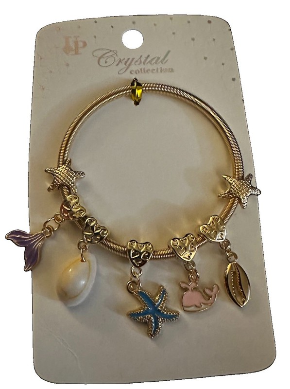 CUTE Stretchy Gold Tone Seashell Starfish Whale Charm Bracelet Teen Women Summer gallery