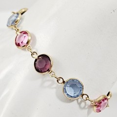 Vtg Swarovski Crystal Gold Tone Blue Pink Plum Bezel Set Bracelet Signed Swan