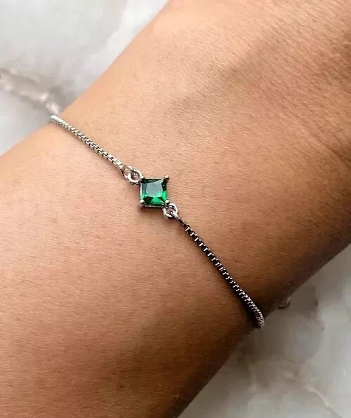 1.00 Ct Princess Cut Simulated Emerald Bolo Bracelet In 14K White Gold Plated gallery