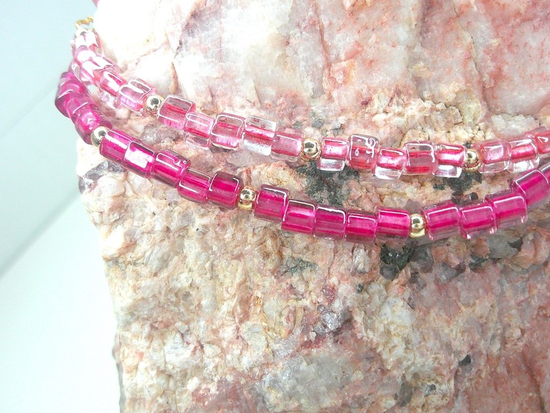 Pink Glass Beaded Bracelet Handmade Double Strand Modern 8 in Two tone gallery