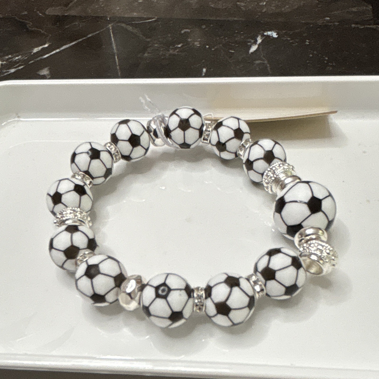 Soccer Ball Beaded Stretch Bracelet, Black White Silver, No Clasp gallery