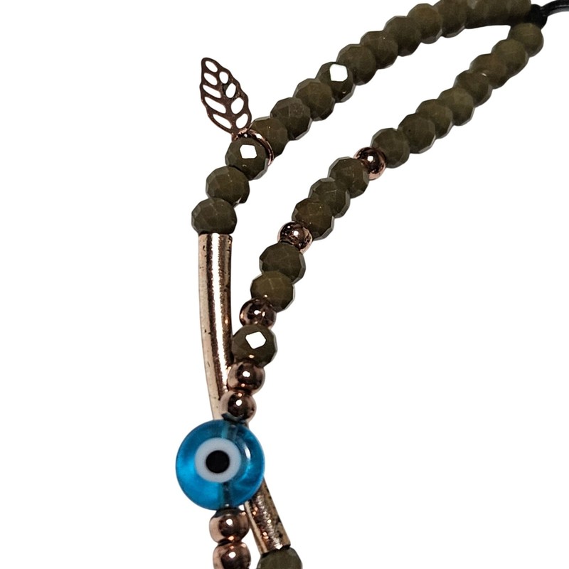 Handcrafted Blue Evil Eye Leaf Charm Olive Beaded Bracelet Protection Spiritual gallery