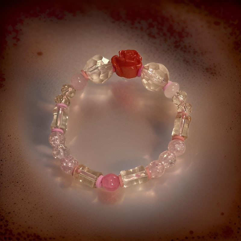 Pink clear women's handmade exquisite clay, acrylic, crystal beaded bracelet gallery