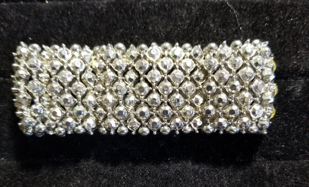 Elegant Rhinestone Bracelet Wide Stretch Silver Tone Vintage Boutique Look gallery