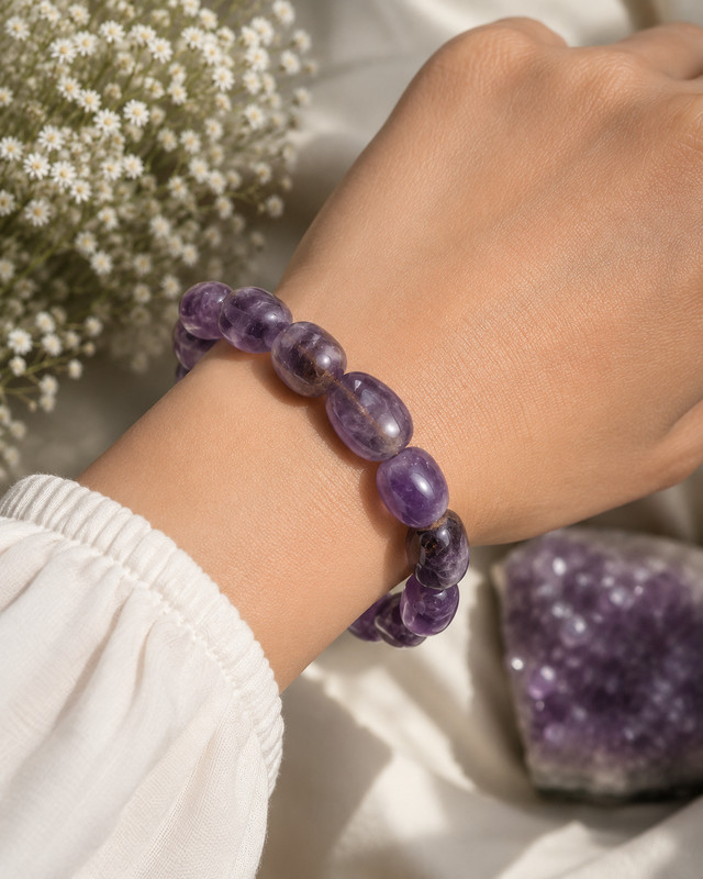 Natural Amethyst Stone Tumbled Bracelet Purple Crystal Gemstone Stretch Bracelet gallery