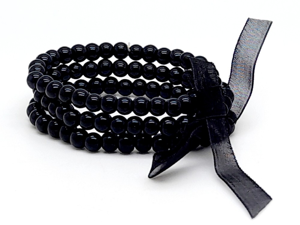 B001 GLASS PEARL 6 MM BLACK COLOR 3 LINE BEADED FASHION STRETCH BRACELETS
