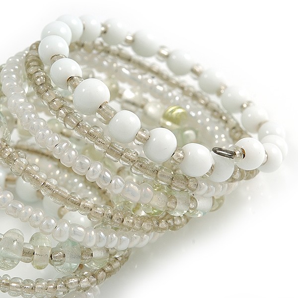 Wide Coiled Ceramic, Glass Bead Bracelet (Snow White, Transparent) - Adjustable gallery