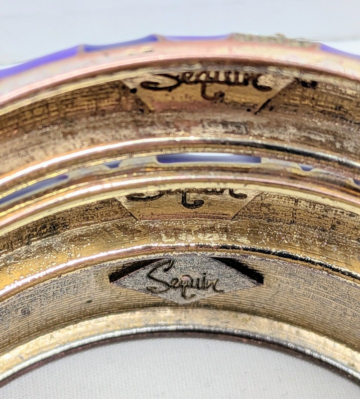Purple Enamel Hinge Clamper Bangle Set Sequin 3pc Bracelet Rhinestone Bendel Era gallery
