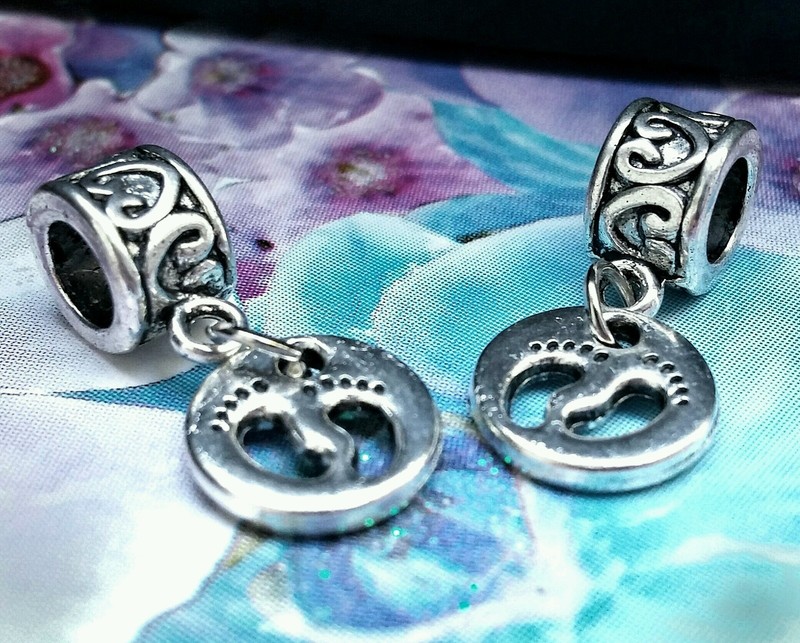 2 Silver Mother Loves Child Baby Footprints Feet European Dangle Charms Pendants gallery