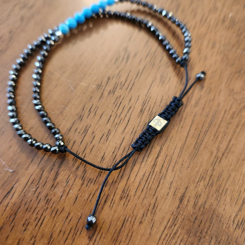 Karma & Luck Bracelet Hematite & Turquoise Birthstone Drawstring Womens gallery