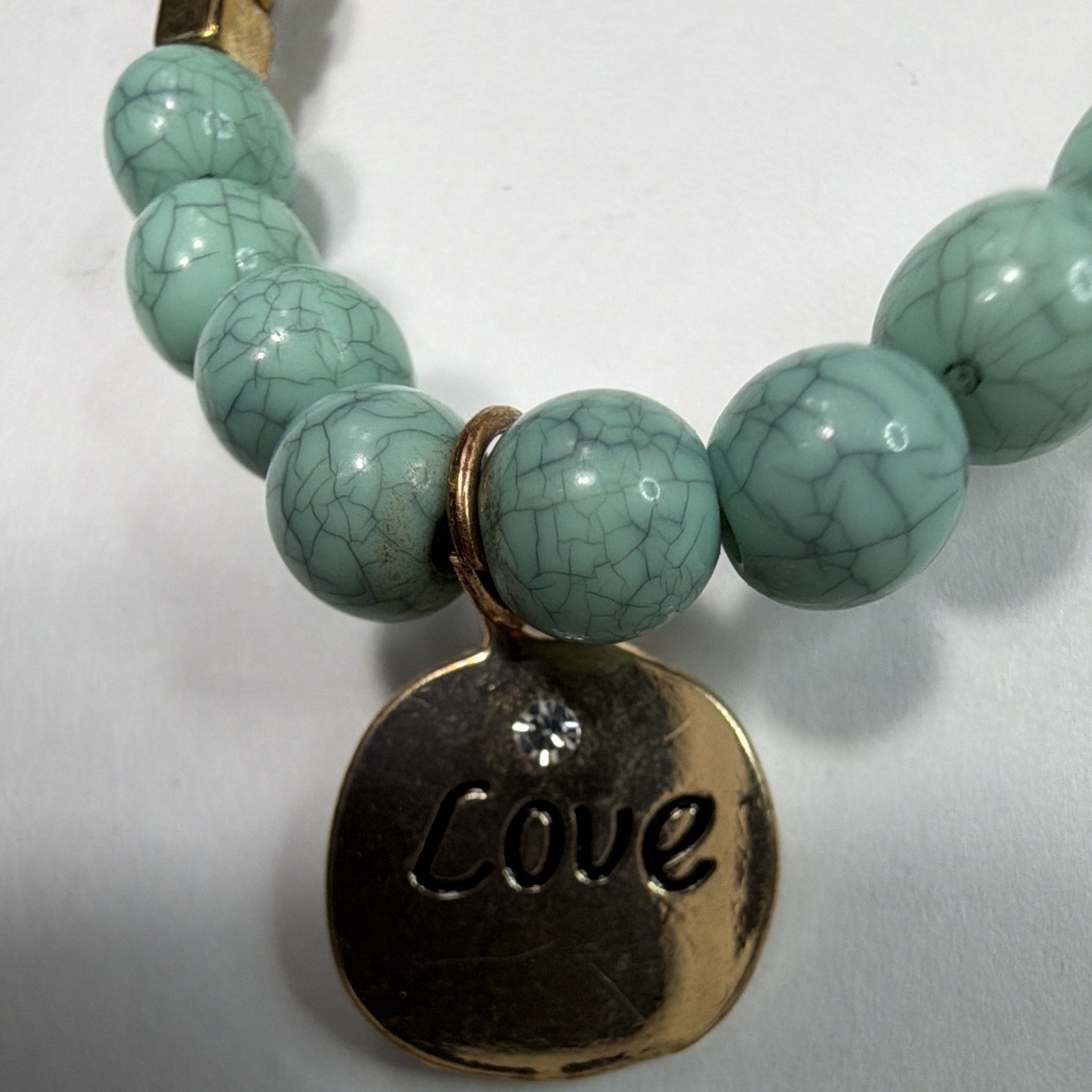 Turquoise Beaded Bolo Bracelet, Adjustable, Gold Tone Spacers, Love Charm gallery