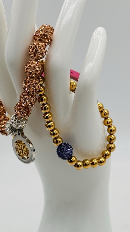 Rustic Cuff Love Story Stack – Pink Leather, Rose Gold Sparkle & Gold Bead Trio gallery