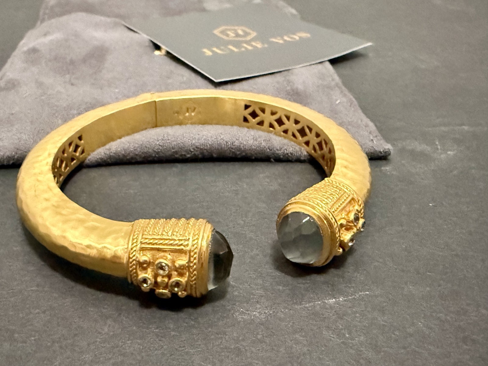 Julie Vos Hammered Gold Tone Cuff Bracelet Gray Faceted Stones w/Pouch gallery