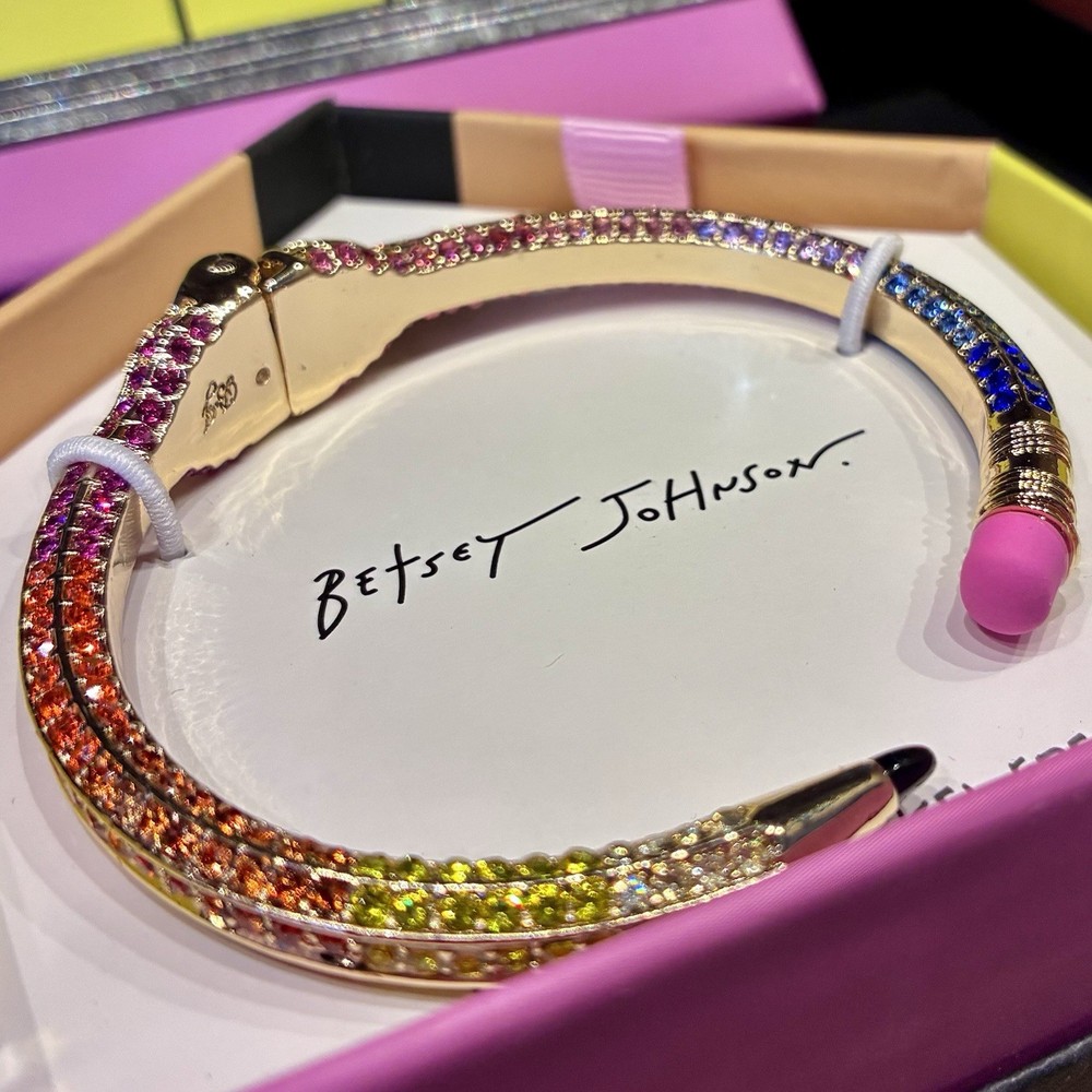 BETSEY JOHNSON Rainbow Pave Crystal Pencil Hinge Cuff Bangle Bracelet New In Box