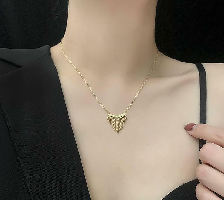 Woman 18K Gold Plated Stainless Steel Beads Tassel Triangle Charm Chain Choker gallery