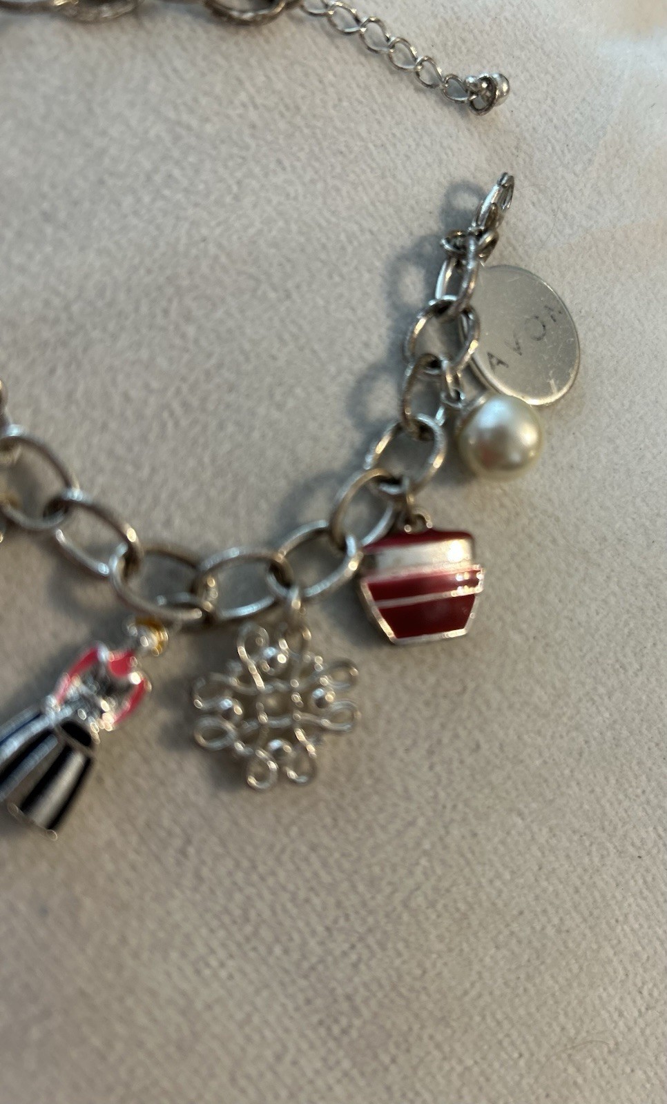 Avon Signed Adjustable Silver Tone Enamel Dangle Charm Chain Bracelet Red gallery