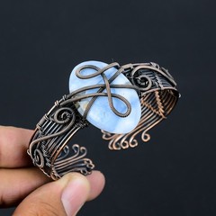 Natural Owhyee Blue Opal Gemstone Handmade Copper Wire Wrap Bangle Adj. M754