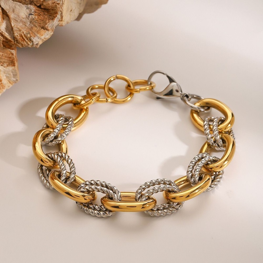 Woman 18K Gold Plated Silver and Gold Rolo Link Chain Bracelet Bangle 9 in