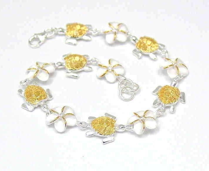 SILVER 925 HAWAIIAN PLUMERIA SEA TURTLE BRACELET 2 TONE gallery