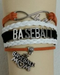 BASEBALL LEATHER CHARM BRACELET-6 1/2″-8 1/2″-BLACK/WHITE/ORANGE-SPORTS#11