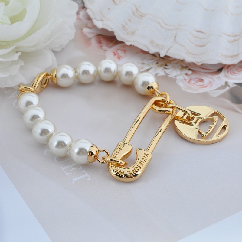 Faux Pearl Safety Pin Charm Bracelet Silver Tone Fashion Jewelry Women's Gift gallery